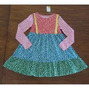 Mini Boden Girls A Leopard Of A Different Color Long Sleeve Tiered Dress 7/8 NEW